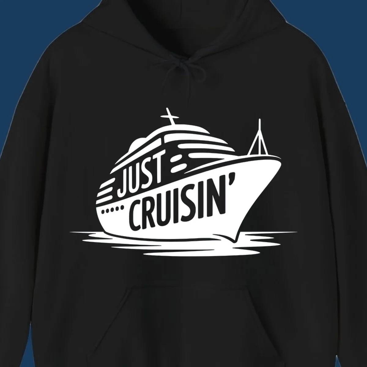White cruise ship with 'JUST CRUISIN'' text on a black background, representing the just-cruisin-ship concept.