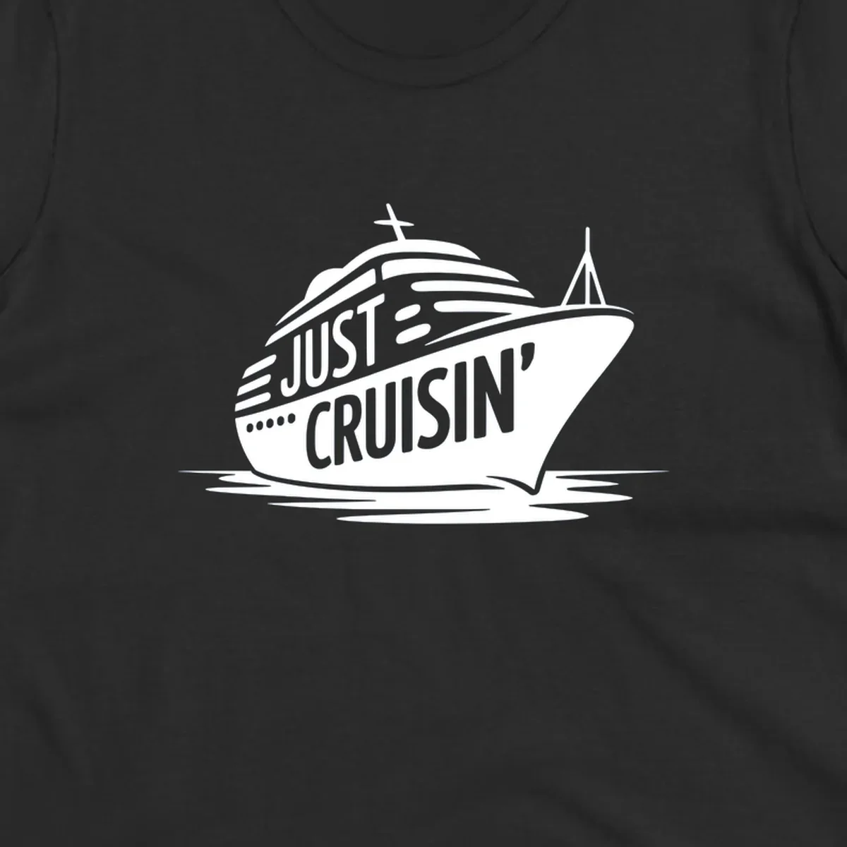 White cruise ship with 'JUST CRUISIN'' text on a black background, representing the just-cruisin-ship concept.