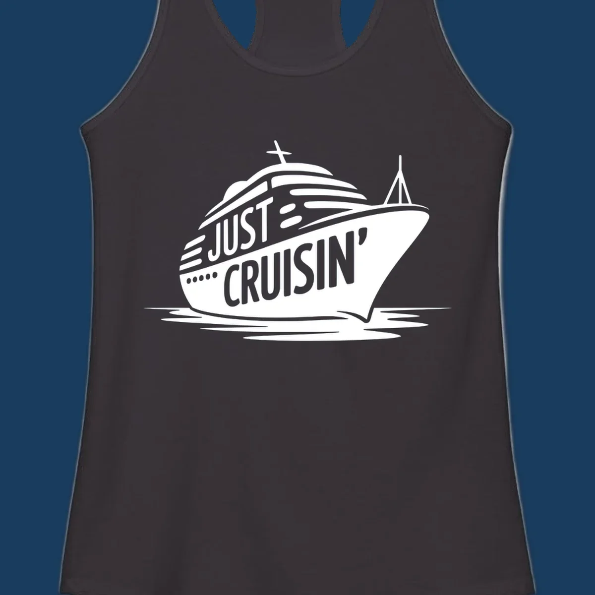 White cruise ship with 'JUST CRUISIN'' text on a black background, representing the just-cruisin-ship concept.