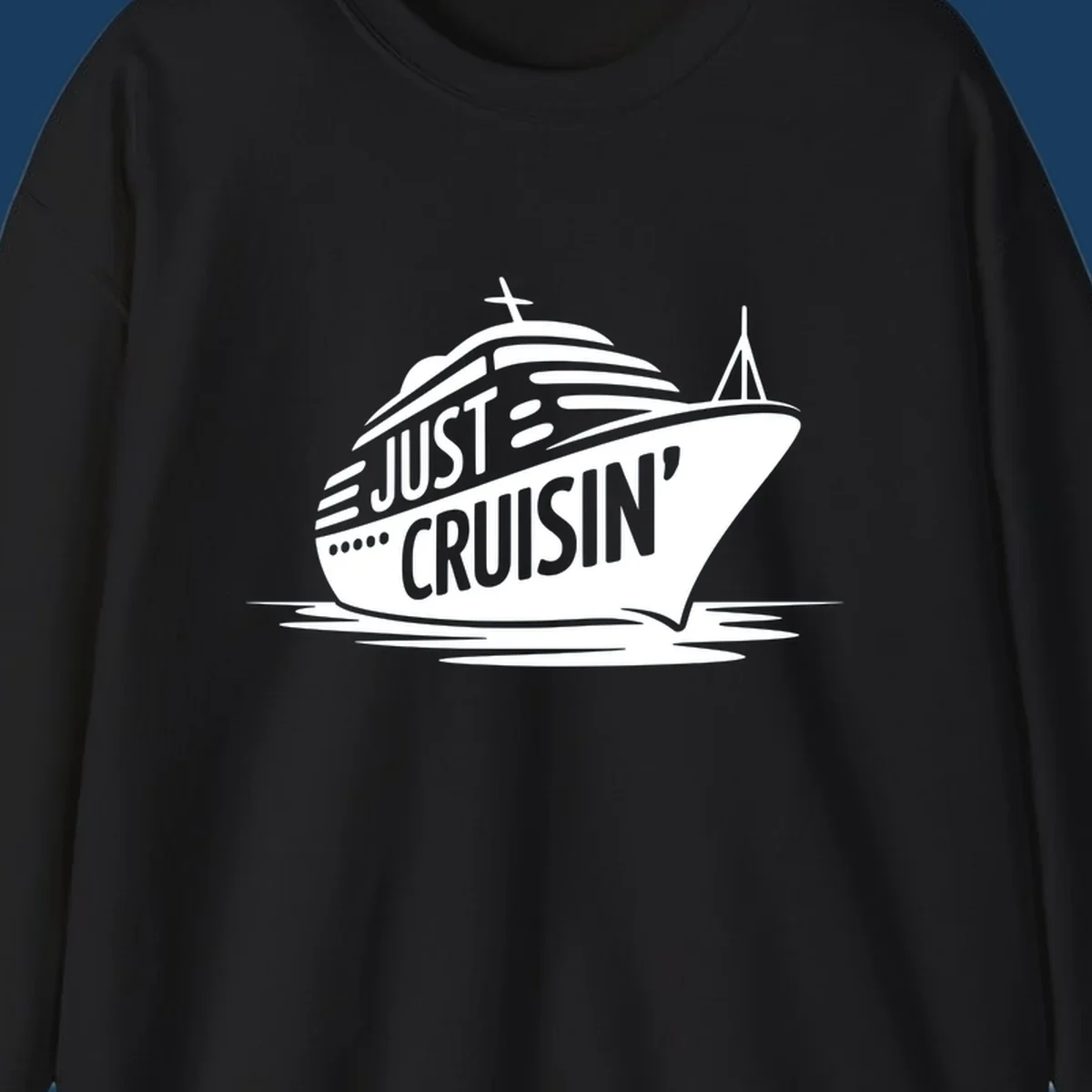 White cruise ship with 'JUST CRUISIN'' text on a black background, representing the just-cruisin-ship concept.