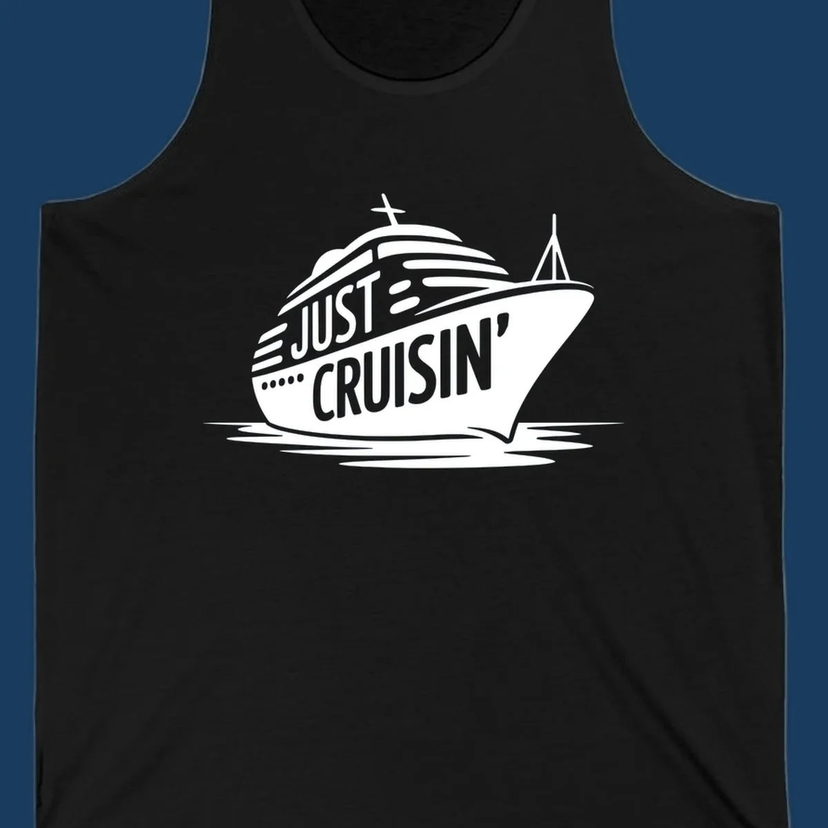 White cruise ship with 'JUST CRUISIN'' text on a black background, representing the just-cruisin-ship concept.