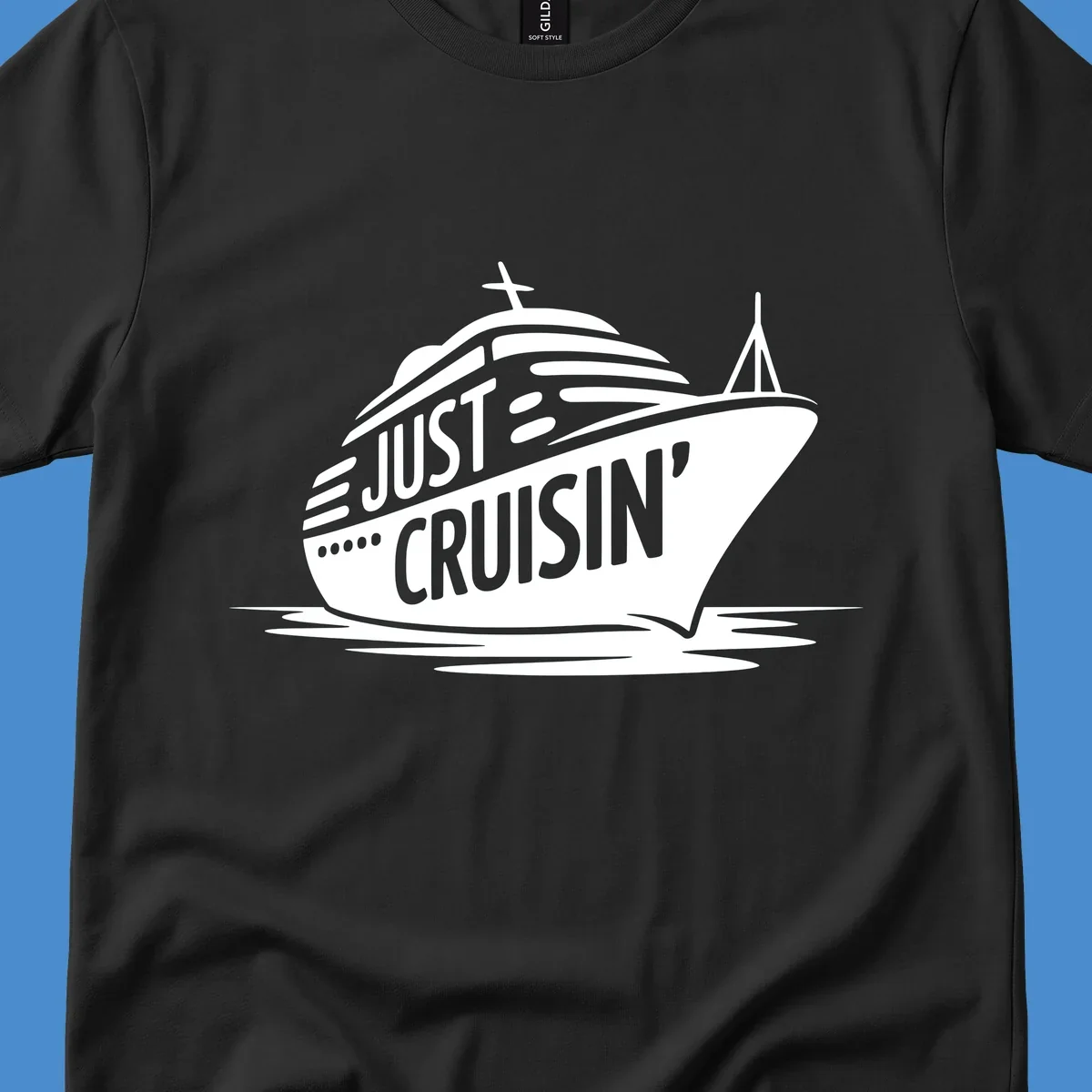 White cruise ship with 'JUST CRUISIN'' text on a black background, representing the just-cruisin-ship concept.