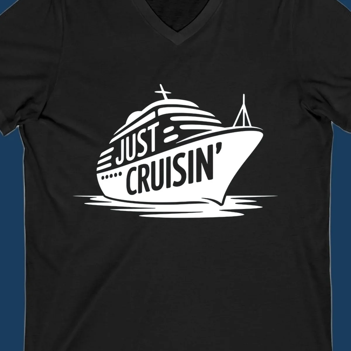 White cruise ship with 'JUST CRUISIN'' text on a black background, representing the just-cruisin-ship concept.