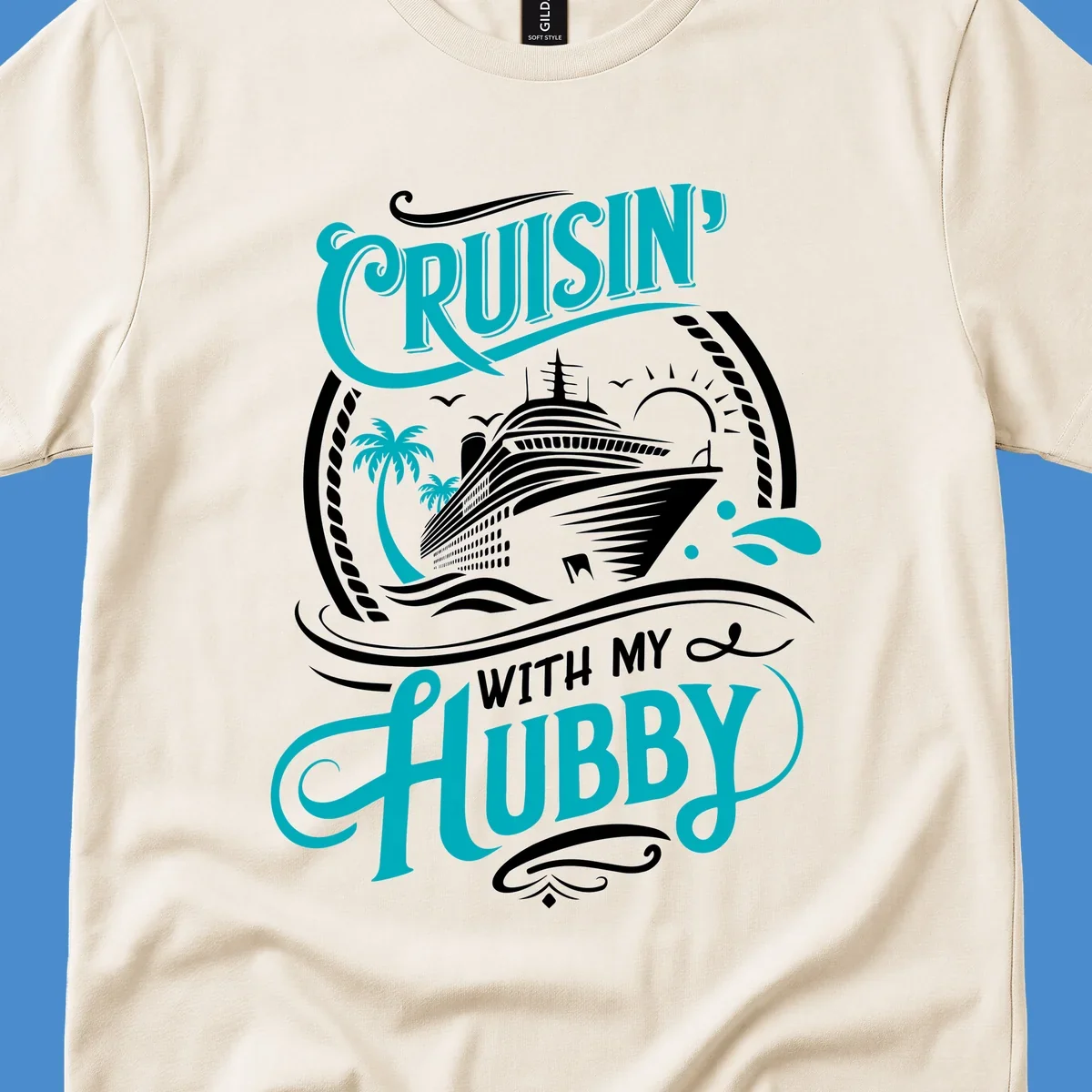 Cruisin with Hubby cruise ship design featuring a ship, palm trees, sun, and text. 