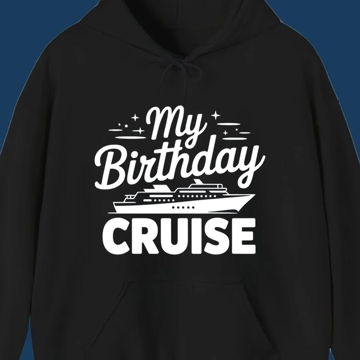 My Birthday Cruise text and illustration with a cruise ship and stars.