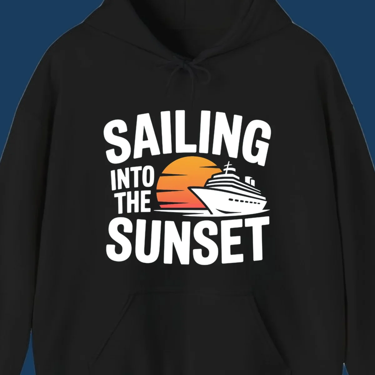 Sailing into sunset cruise ship graphic with text.