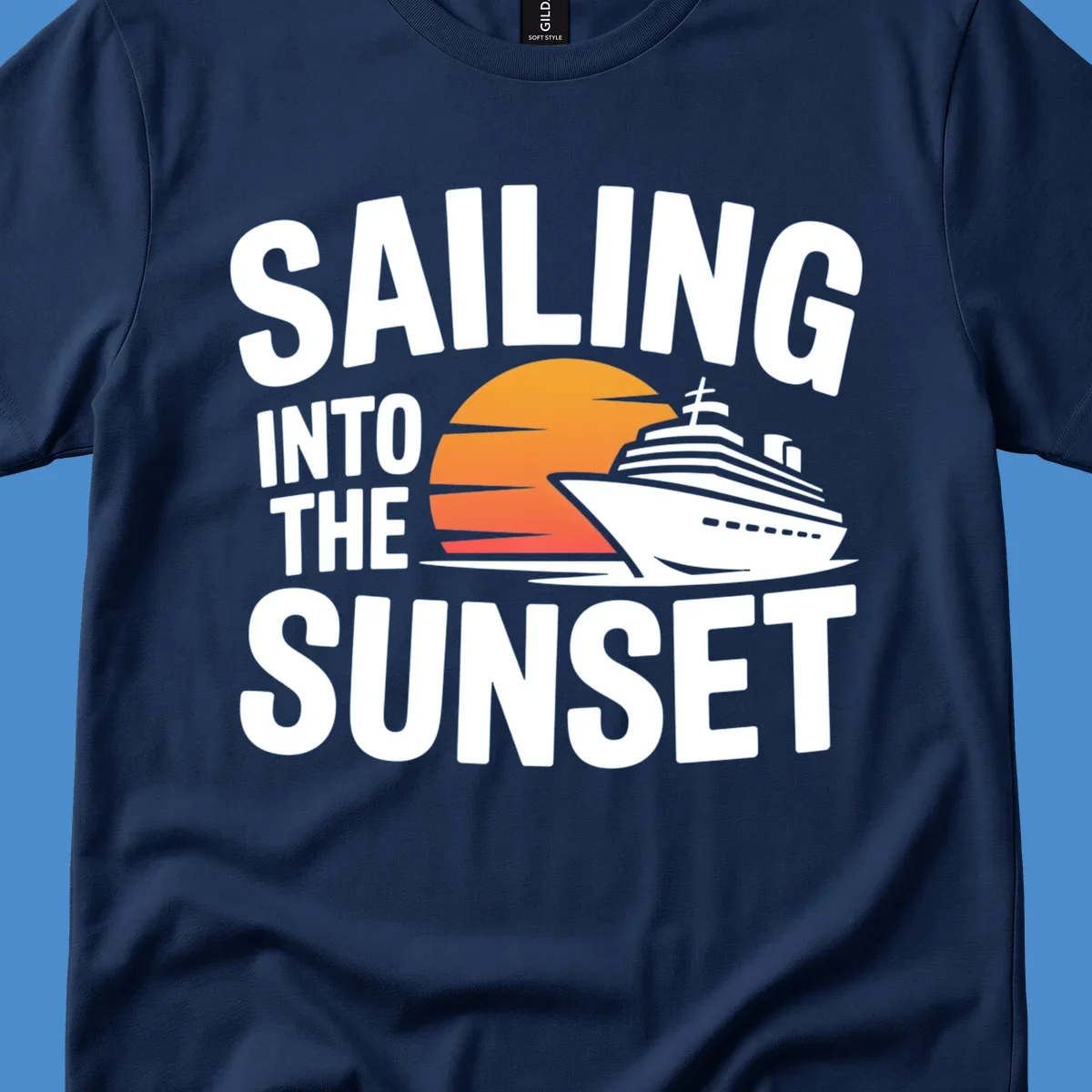 Sailing into sunset cruise ship graphic with text.