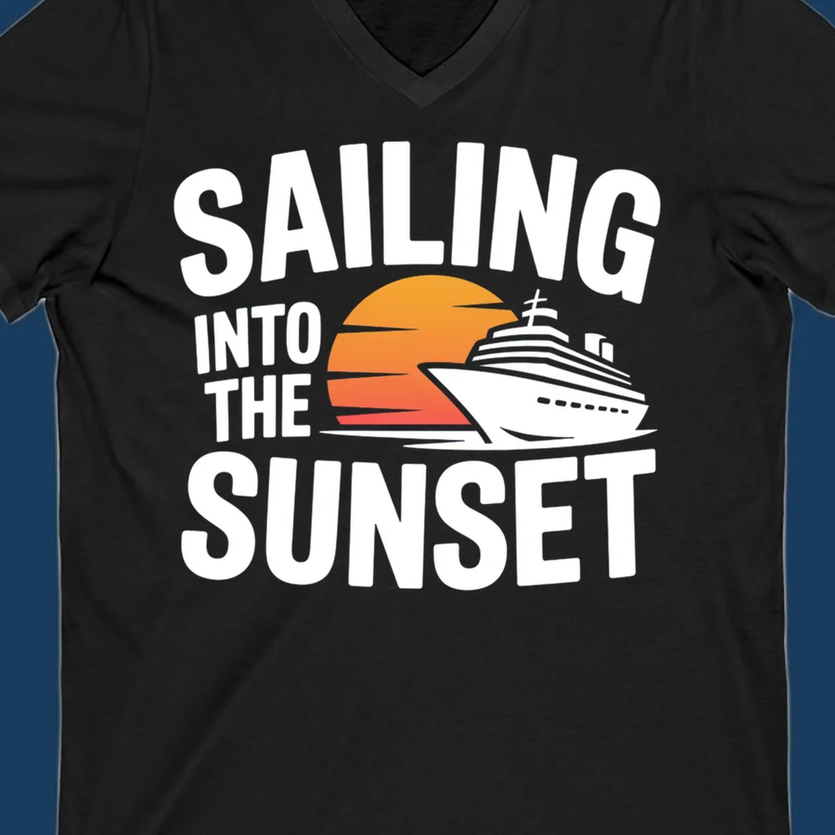 Sailing into sunset cruise ship graphic with text.