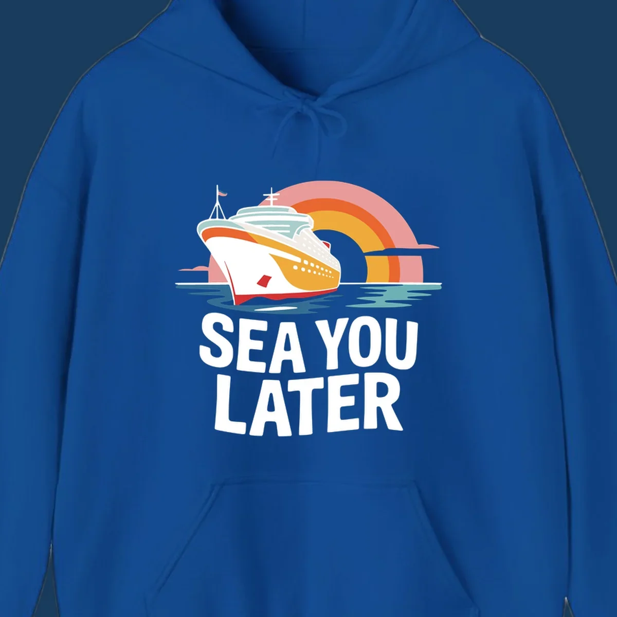 Cruise ship with rainbow and 'SEA YOU LATER' text.