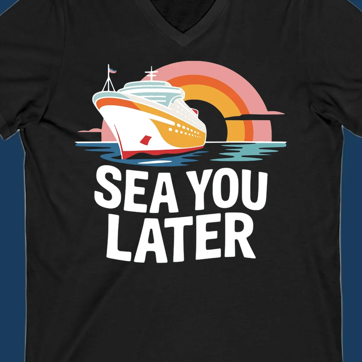 Cruise ship with rainbow and 'SEA YOU LATER' text.