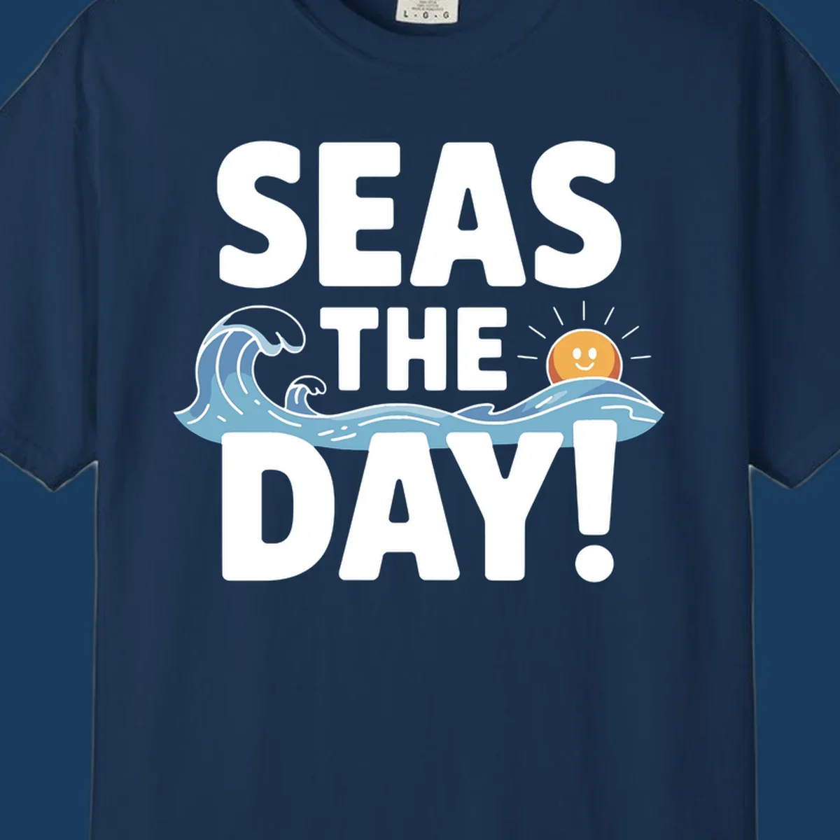 Seas The Day pun design with ocean waves and a smiling sun.