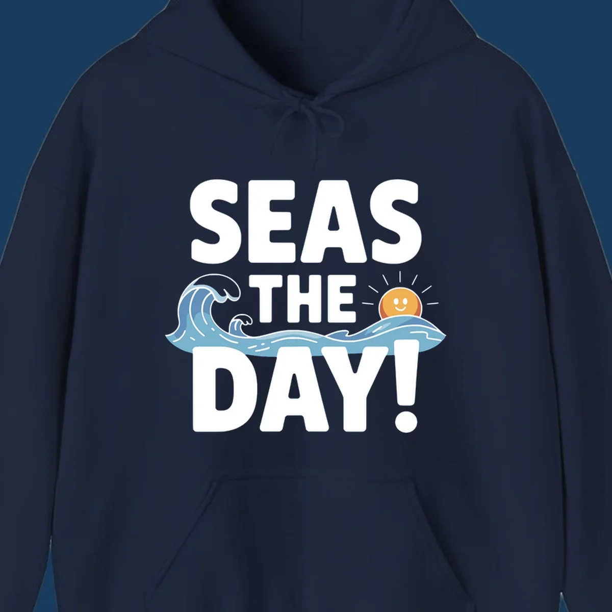 Seas The Day pun design with ocean waves and a smiling sun.