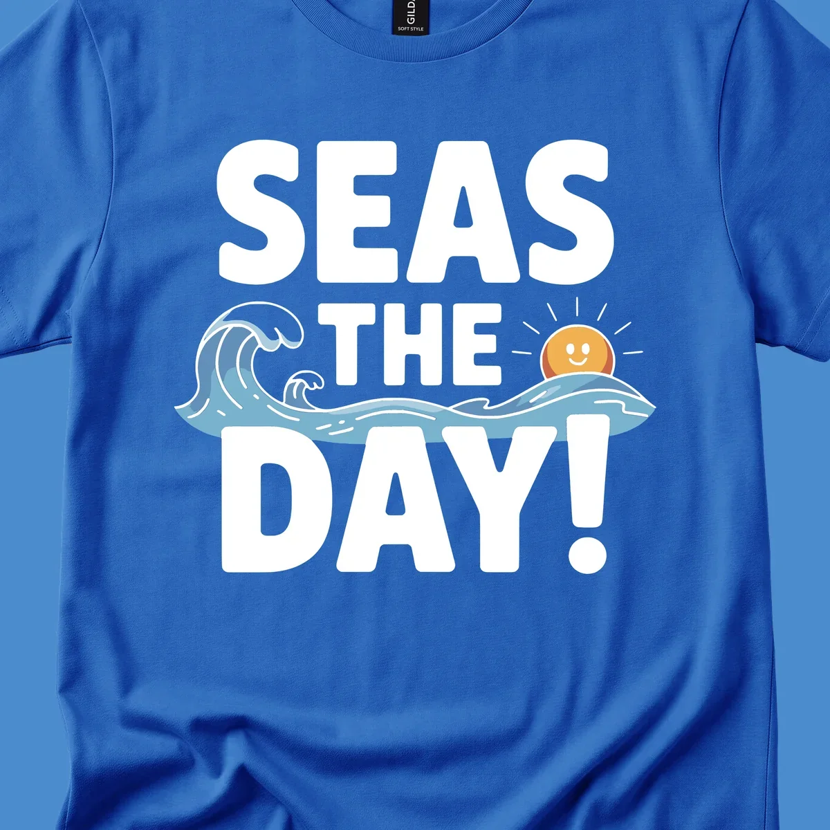 Seas The Day pun design with ocean waves and a smiling sun.