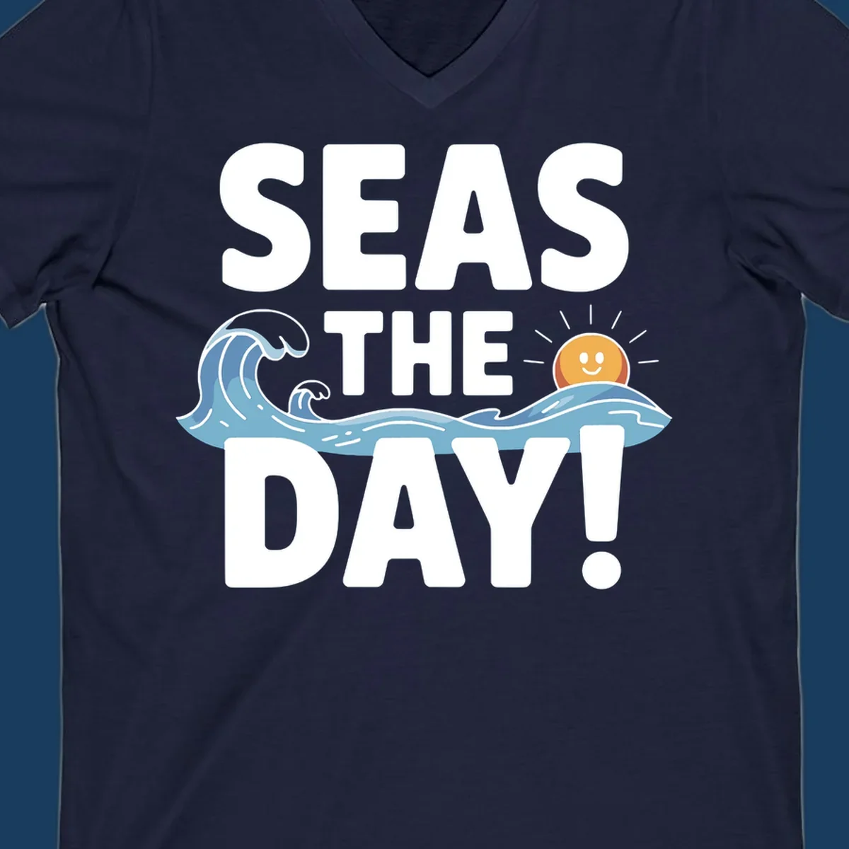 Seas The Day pun design with ocean waves and a smiling sun.
