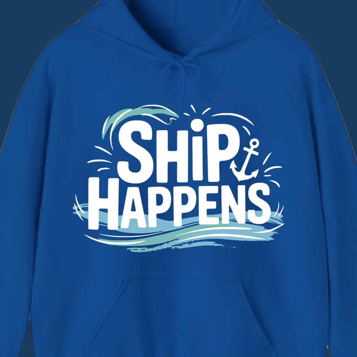 Text design with 'SHIP HAPPENS' and nautical elements like an anchor and waves.