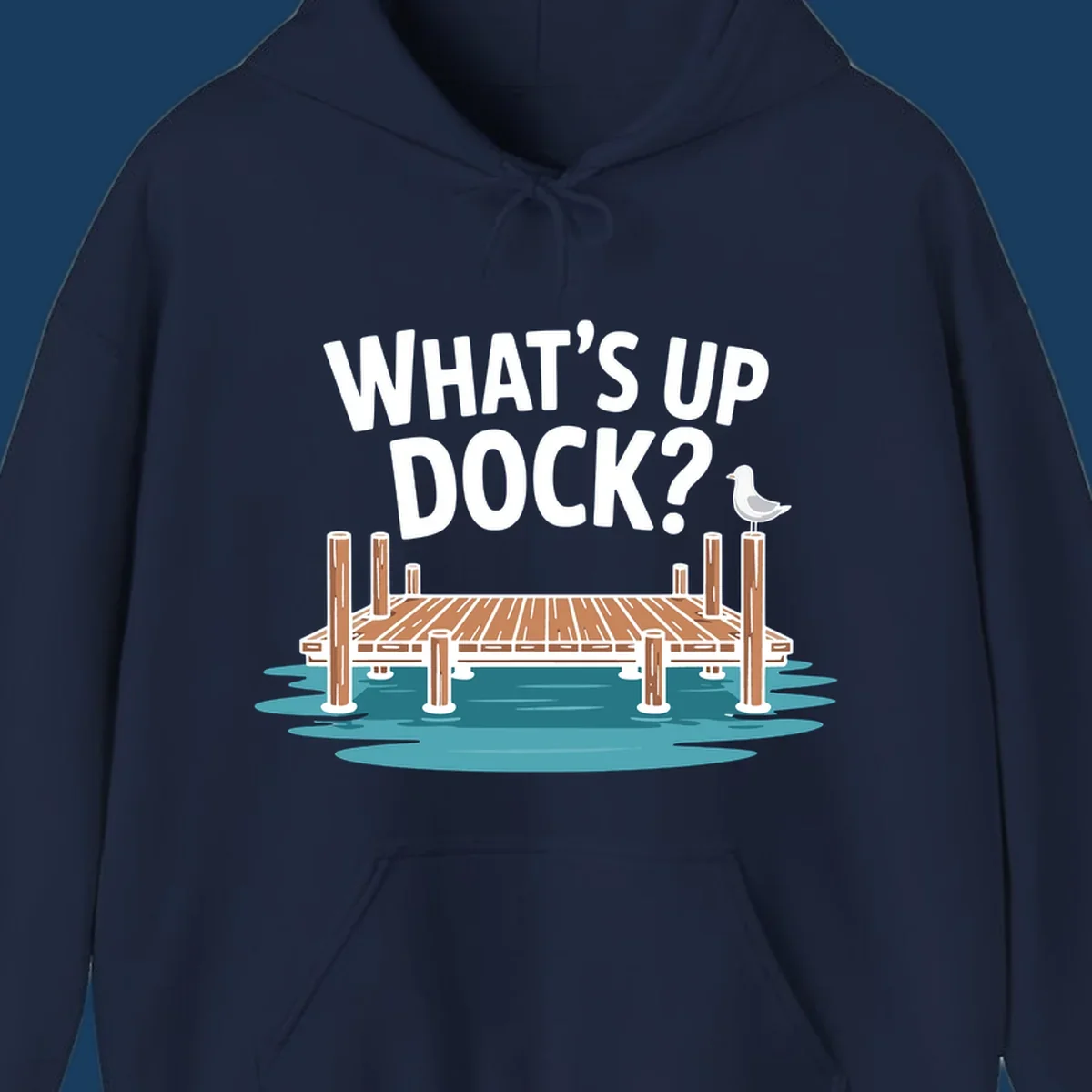 What's up dock pun design with text, dock, and seagull.