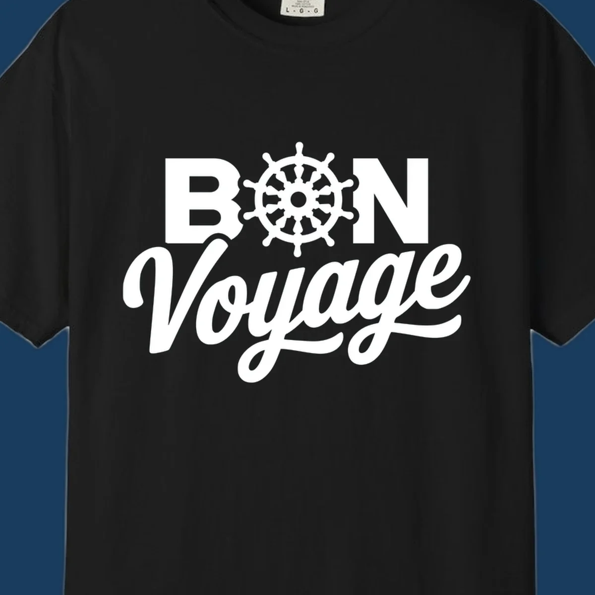 Bon voyage nautical ship's wheel text design.