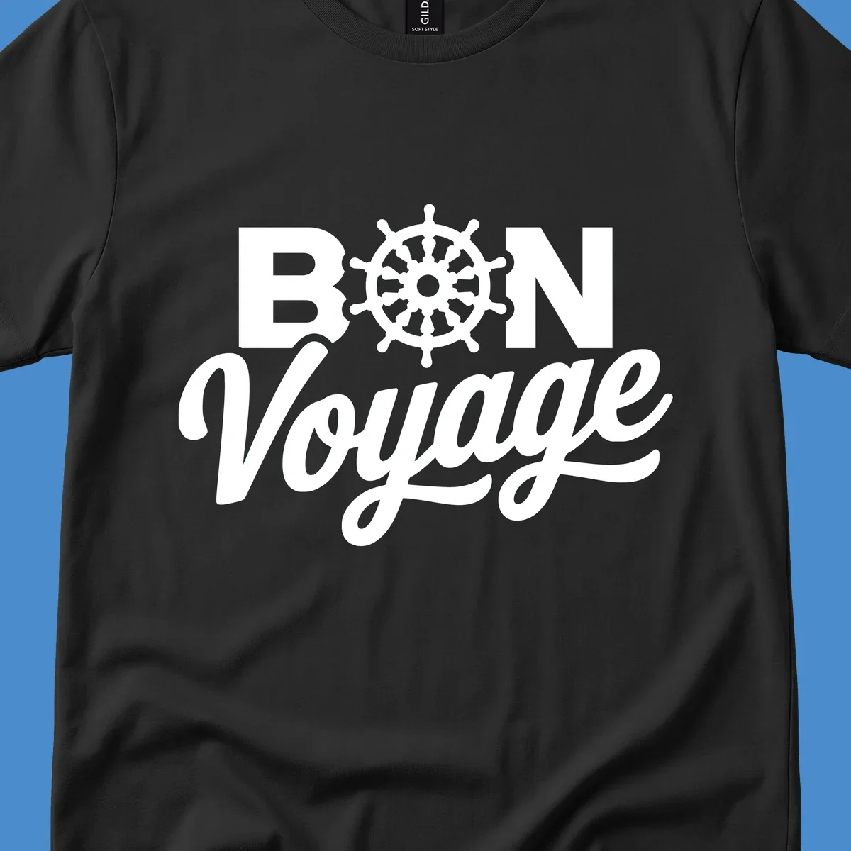 Bon voyage nautical ship's wheel text design.