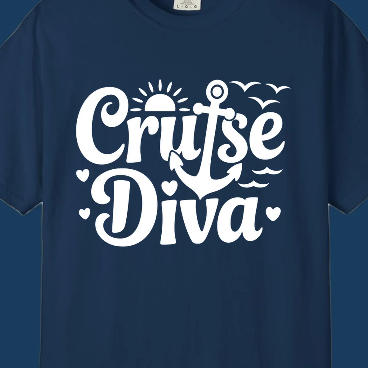 Cruise Diva text with anchor, sun, waves, and hearts graphic for nautical travel.