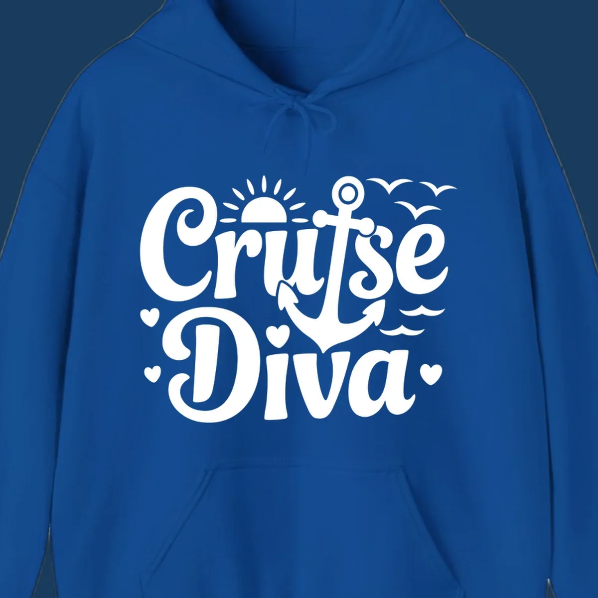 Cruise Diva text with anchor, sun, waves, and hearts graphic for nautical travel.
