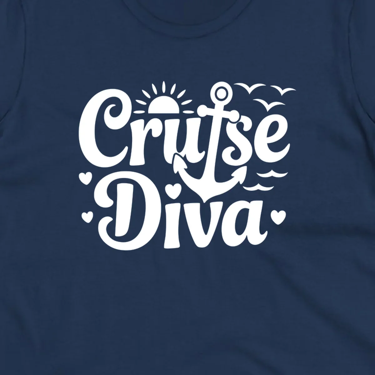 Cruise Diva text with anchor, sun, waves, and hearts graphic for nautical travel.