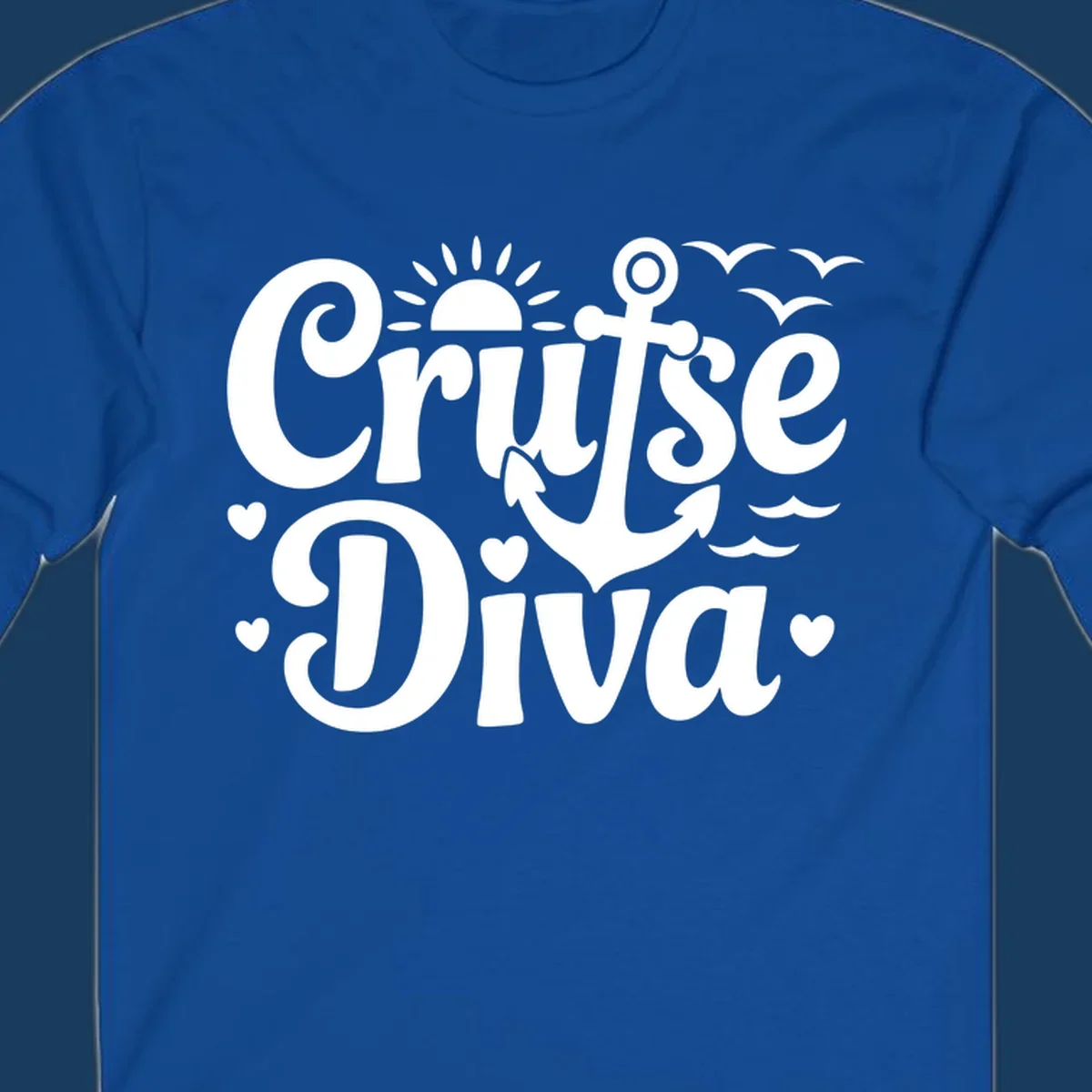 Cruise Diva text with anchor, sun, waves, and hearts graphic for nautical travel.