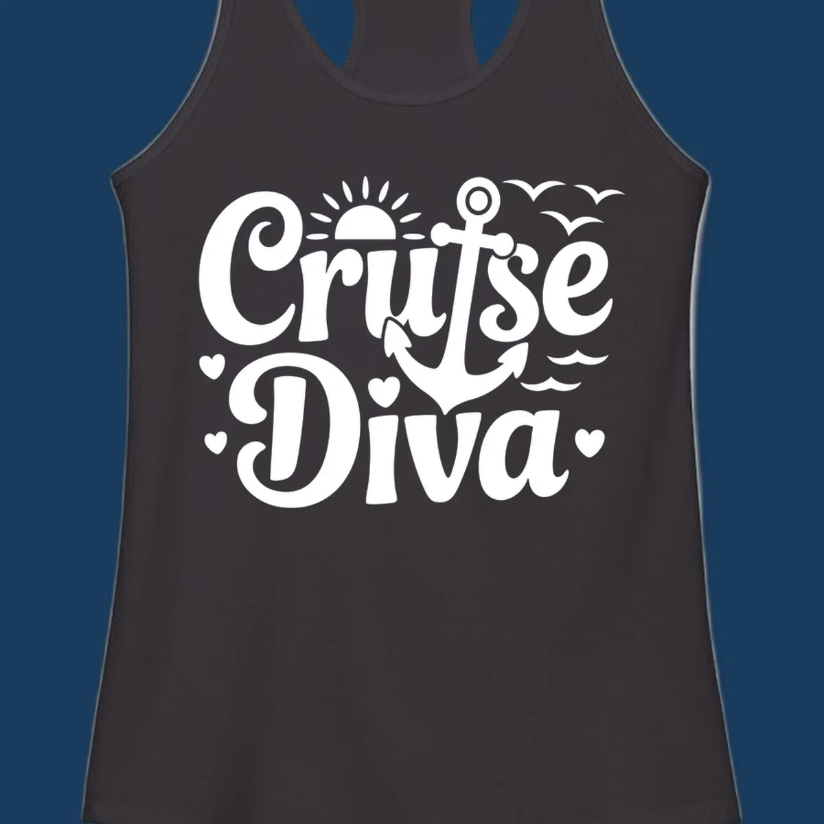 Cruise Diva text with anchor, sun, waves, and hearts graphic for nautical travel.