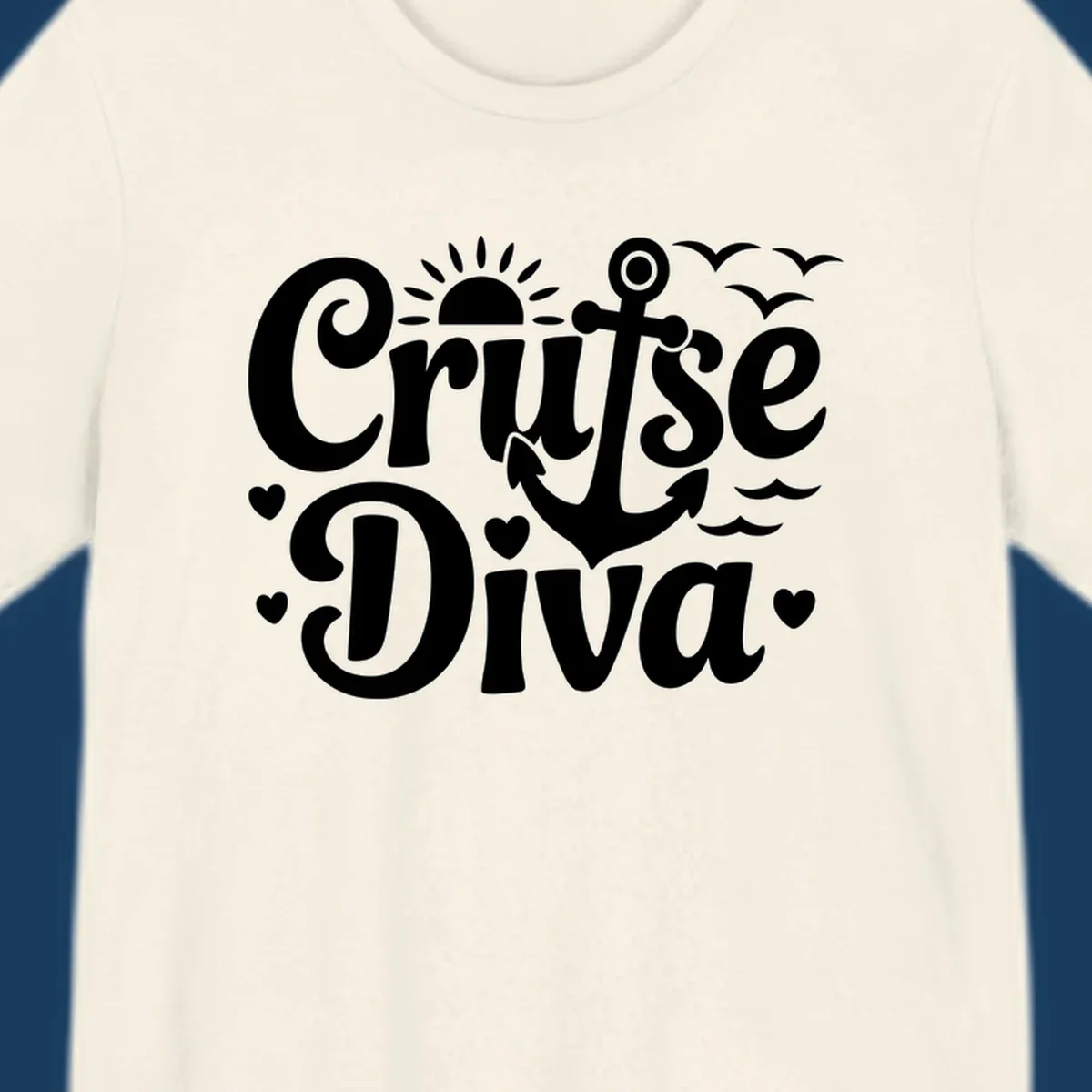 Cruise Diva text with anchor, sun, waves, and hearts graphic for nautical travel.