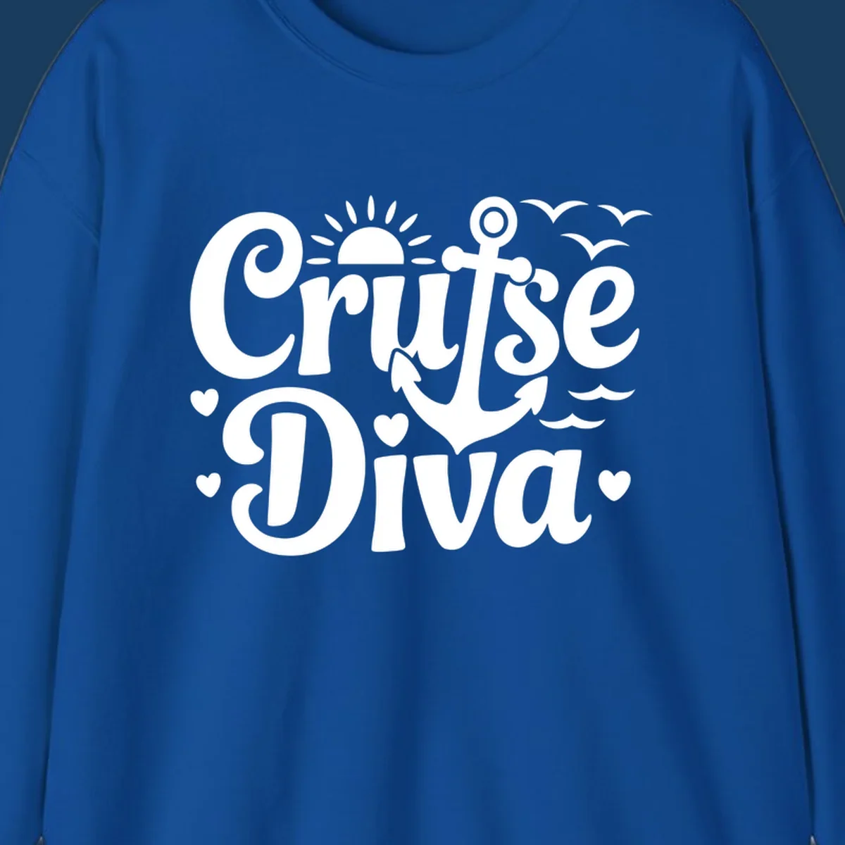 Cruise Diva text with anchor, sun, waves, and hearts graphic for nautical travel.