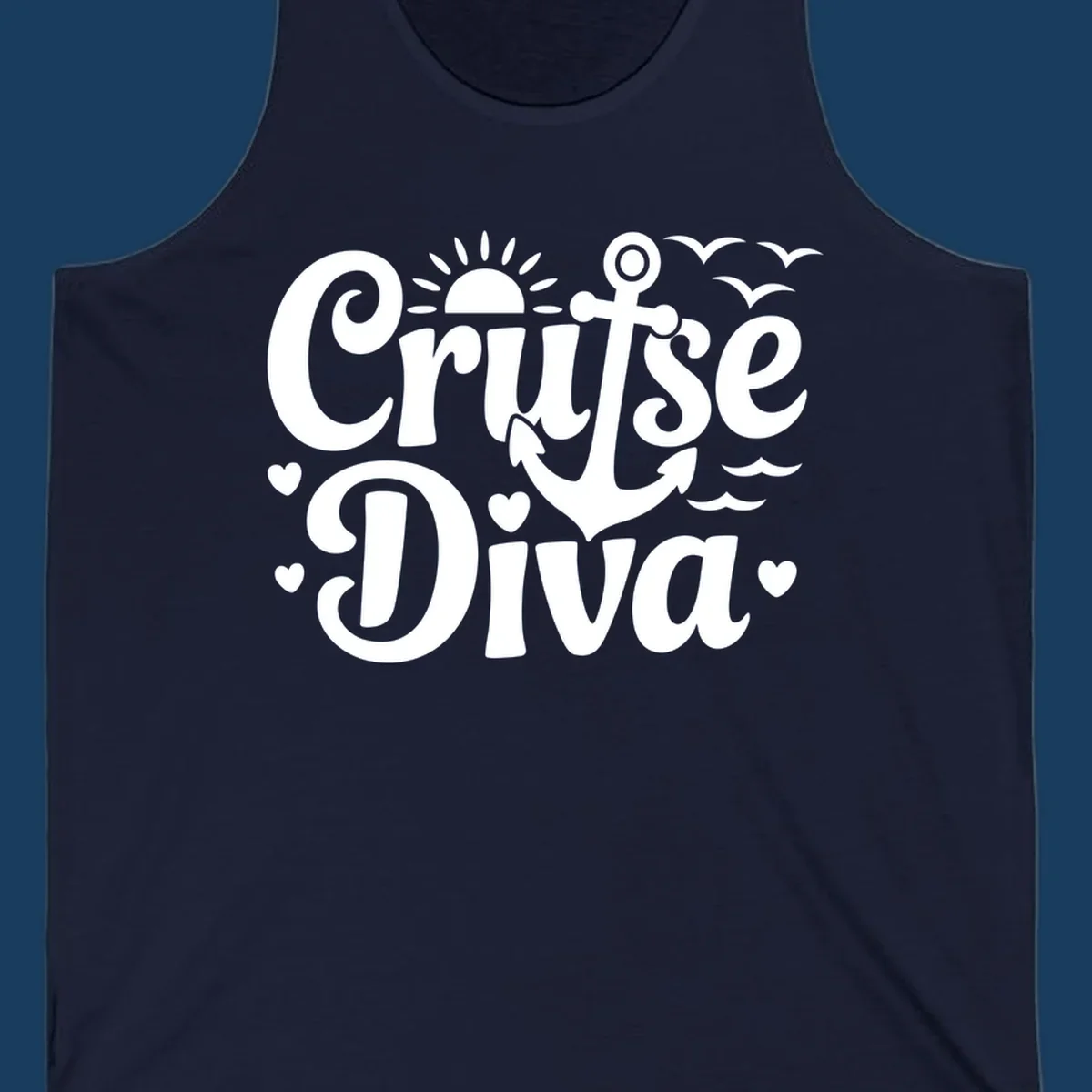 Cruise Diva text with anchor, sun, waves, and hearts graphic for nautical travel.