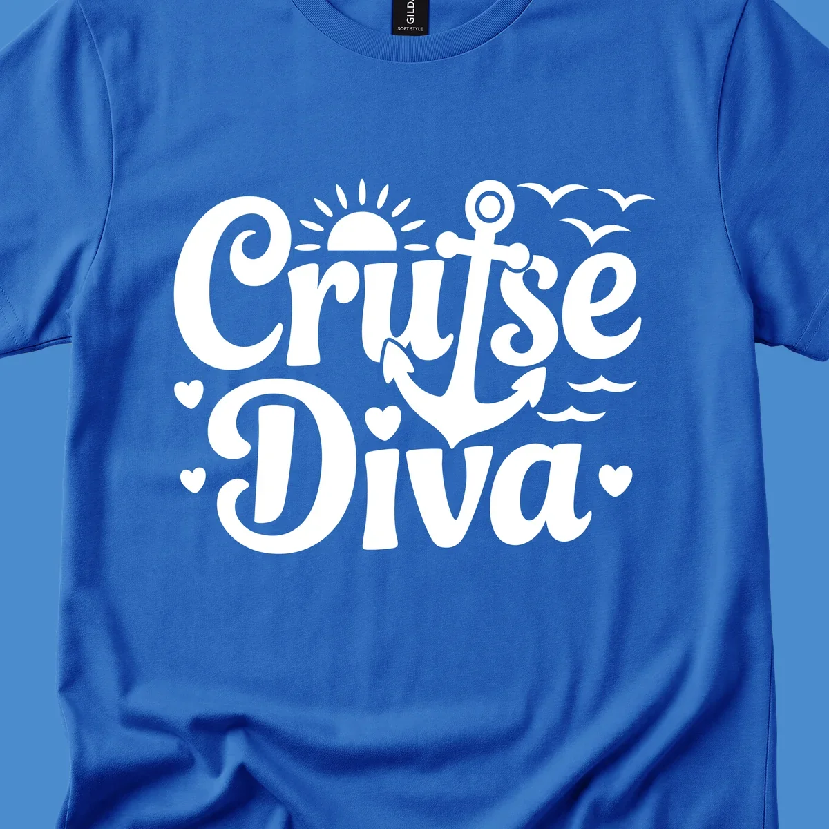 Cruise Diva text with anchor, sun, waves, and hearts graphic for nautical travel.