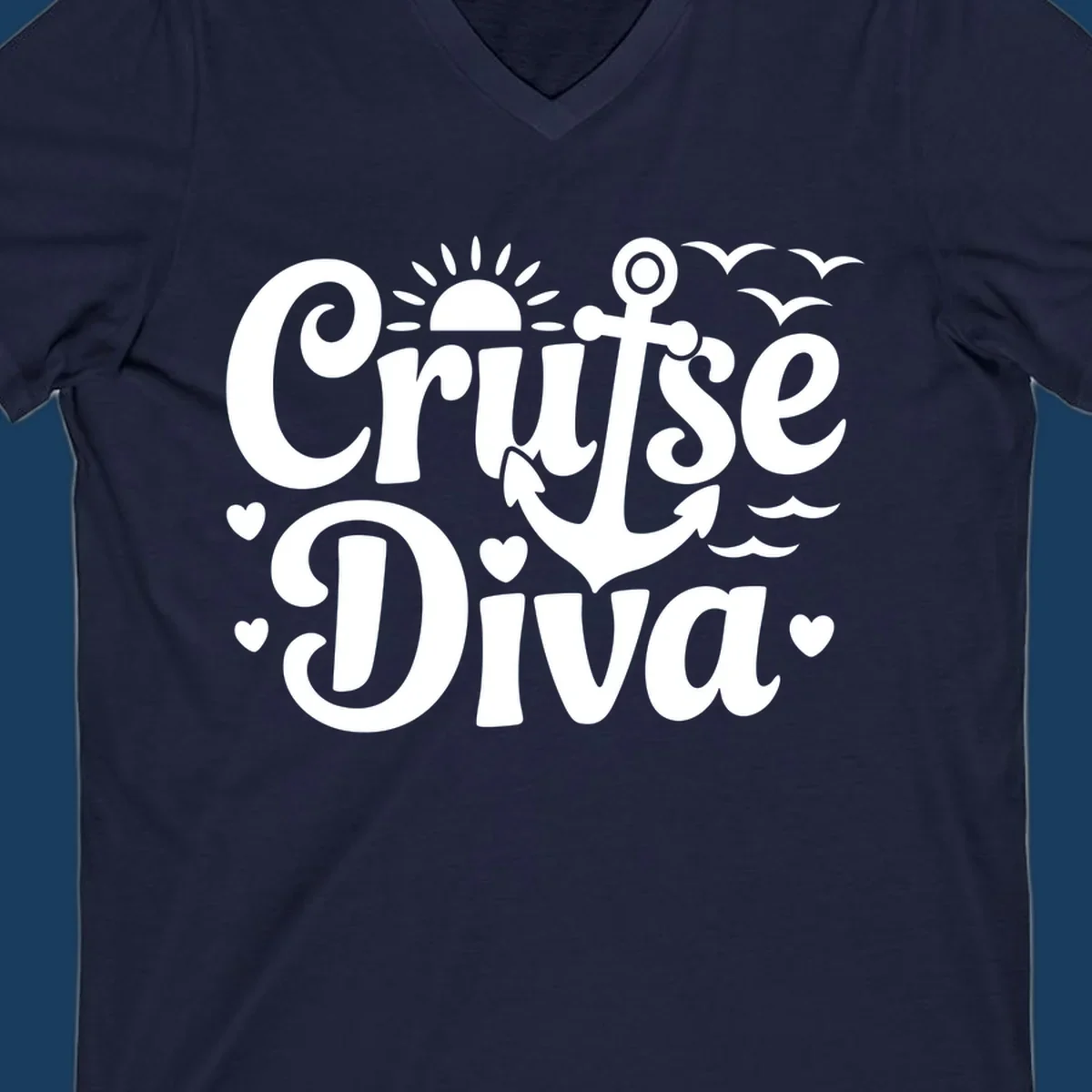Cruise Diva text with anchor, sun, waves, and hearts graphic for nautical travel.