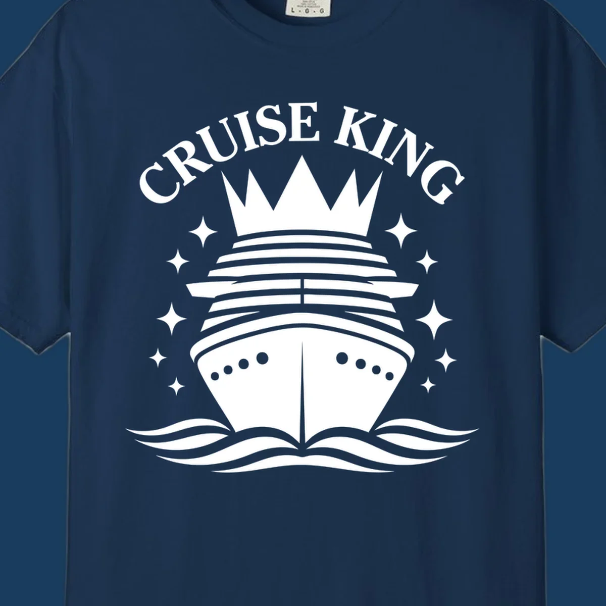 Cruise King crowned ship illustration with stars and waves.