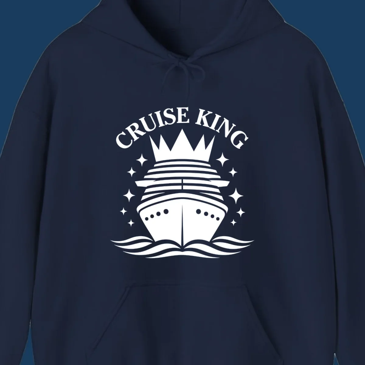 Cruise King crowned ship illustration with stars and waves.