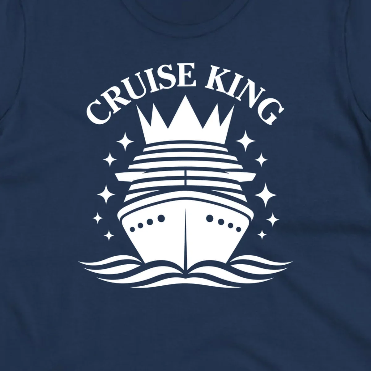 Cruise King crowned ship illustration with stars and waves.
