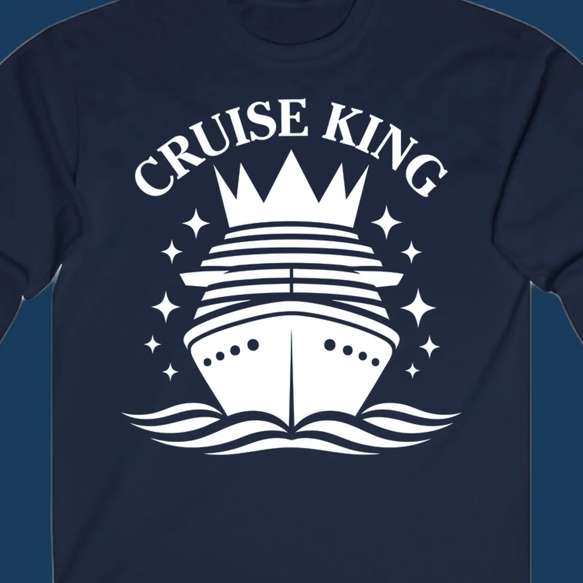 Cruise King crowned ship illustration with stars and waves.