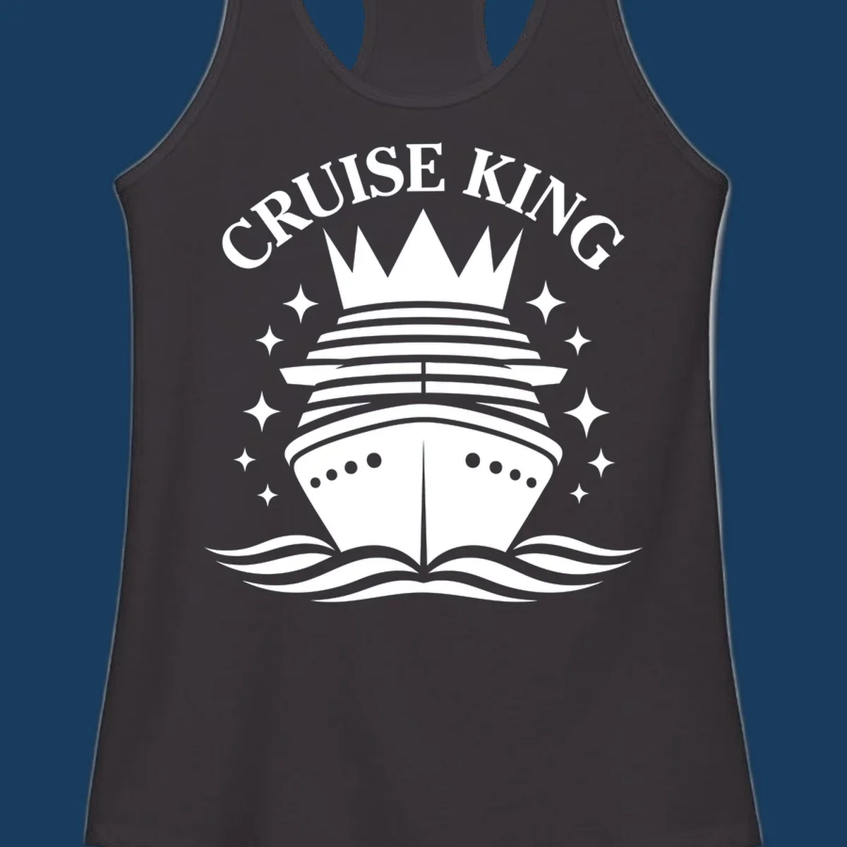 Cruise King crowned ship illustration with stars and waves.