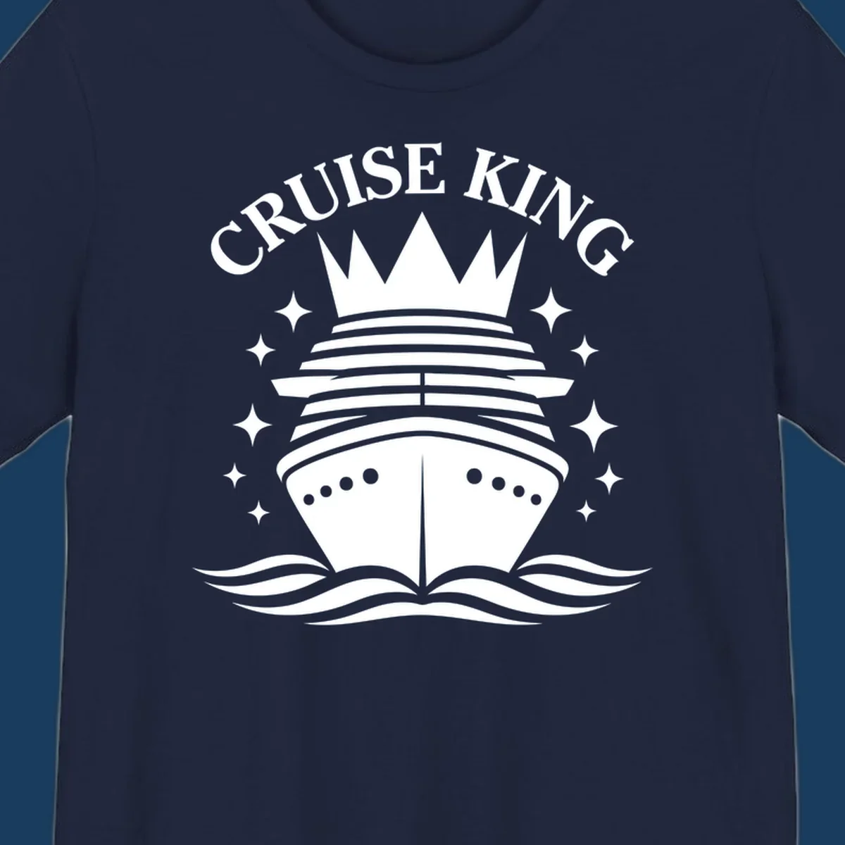 Cruise King crowned ship illustration with stars and waves.