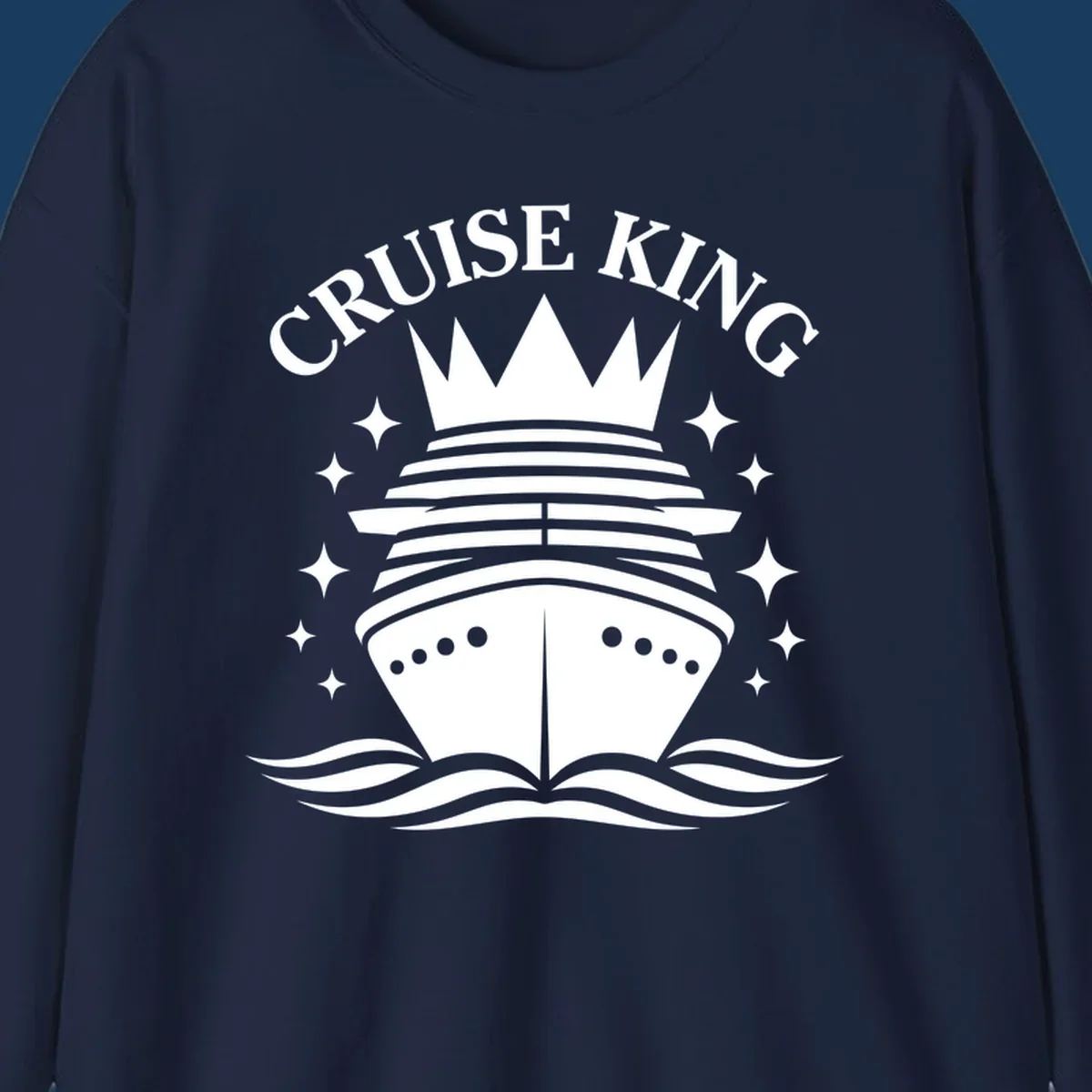 Cruise King crowned ship illustration with stars and waves.