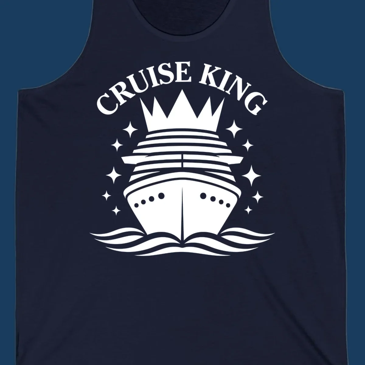 Cruise King crowned ship illustration with stars and waves.