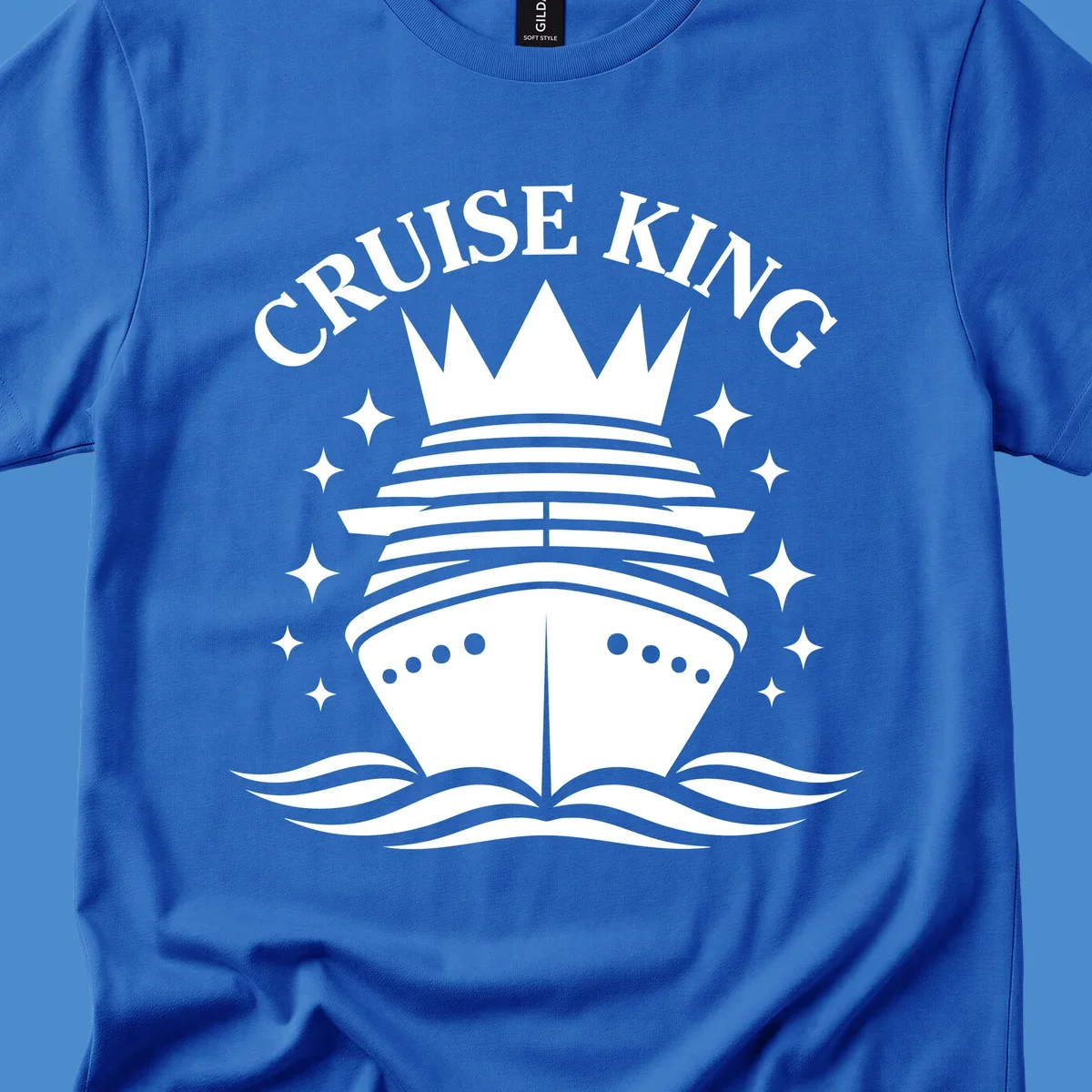 Cruise King crowned ship illustration with stars and waves.
