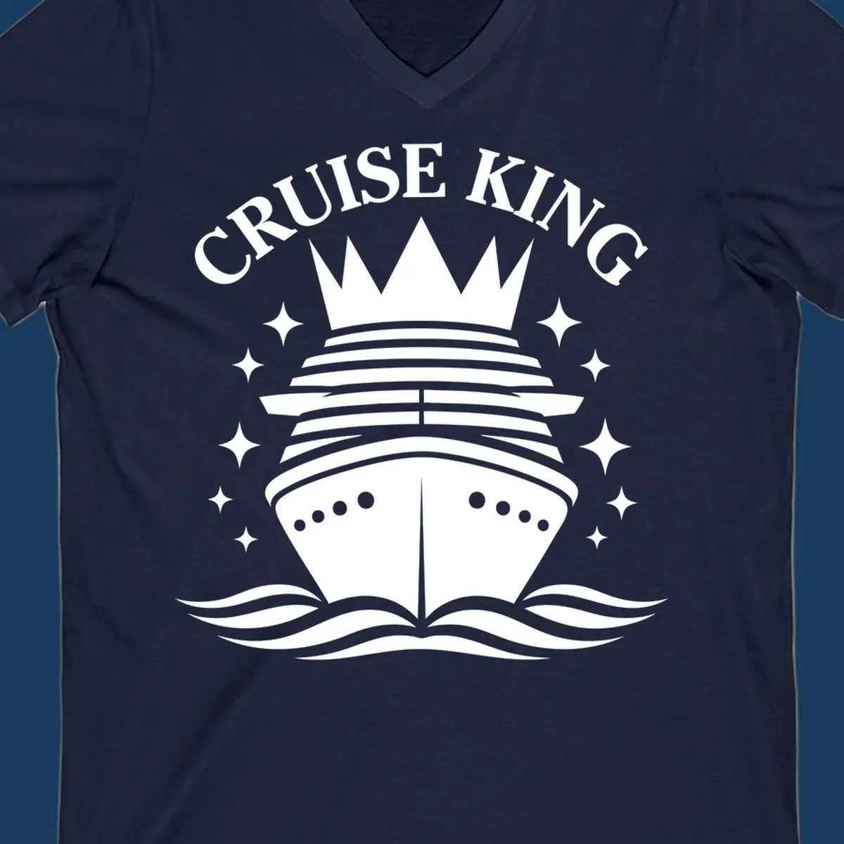 Cruise King crowned ship illustration with stars and waves.