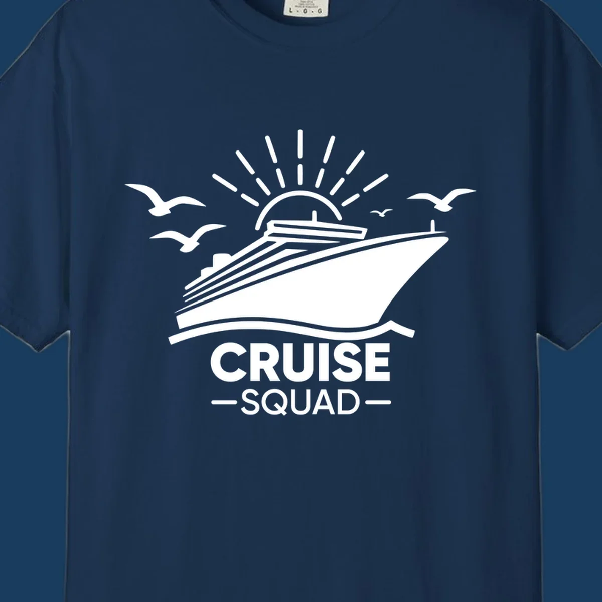 White silhouette of a cruise ship with sun rays and seagulls, text reads CRUISE SQUAD.