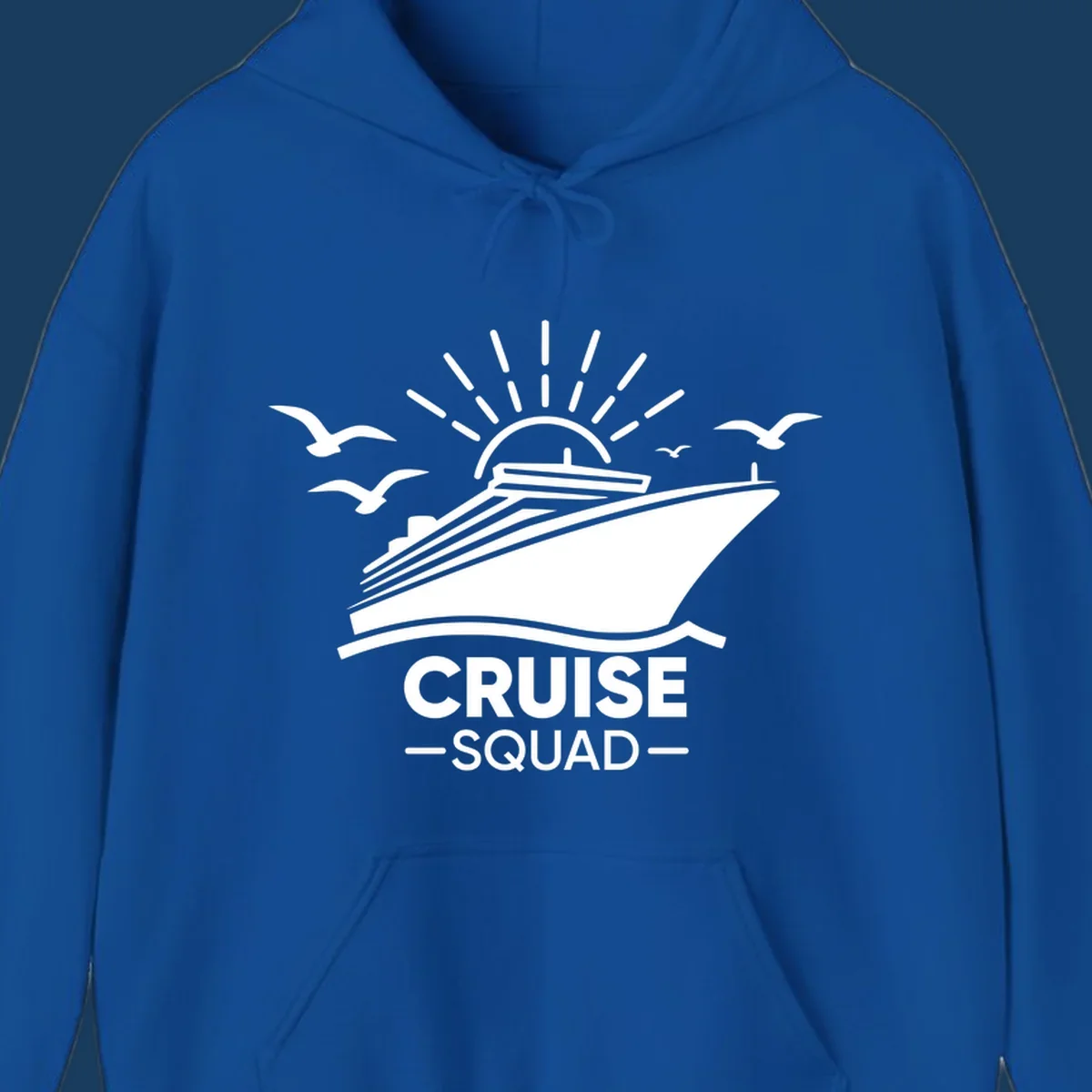 White silhouette of a cruise ship with sun rays and seagulls, text reads CRUISE SQUAD.