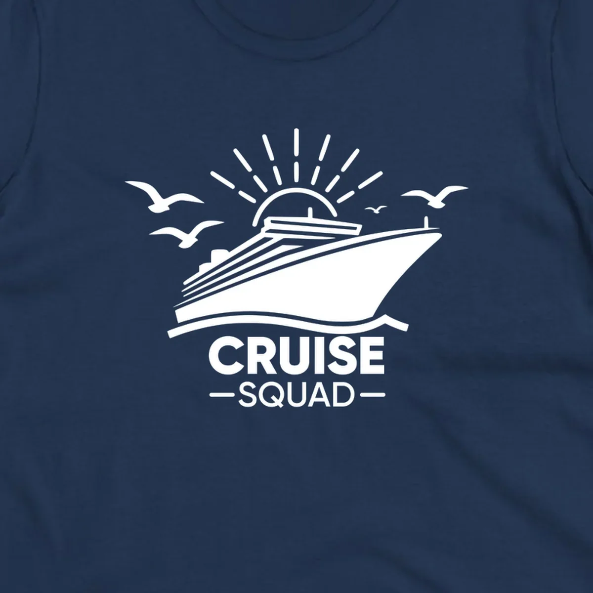 White silhouette of a cruise ship with sun rays and seagulls, text reads CRUISE SQUAD.
