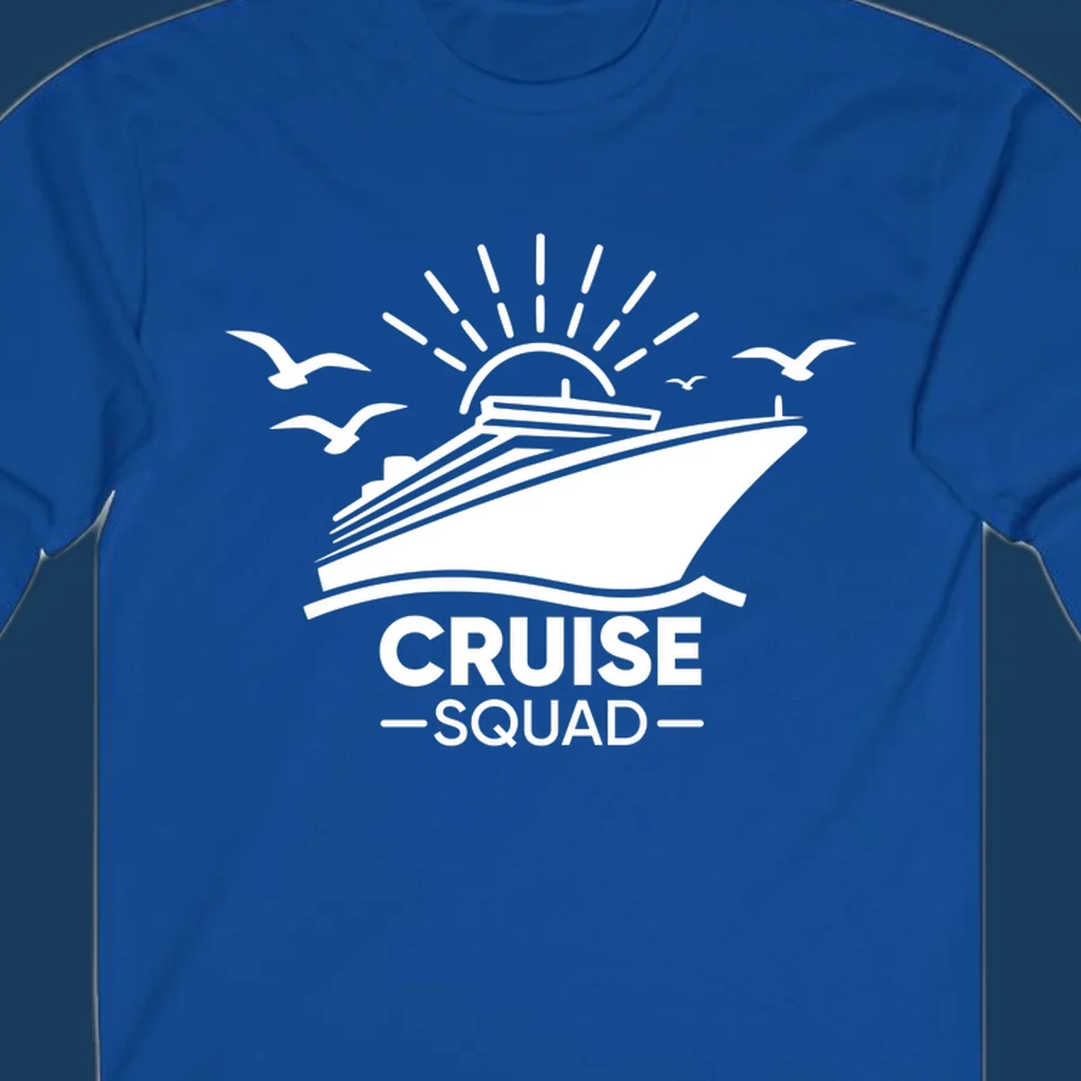 White silhouette of a cruise ship with sun rays and seagulls, text reads CRUISE SQUAD.