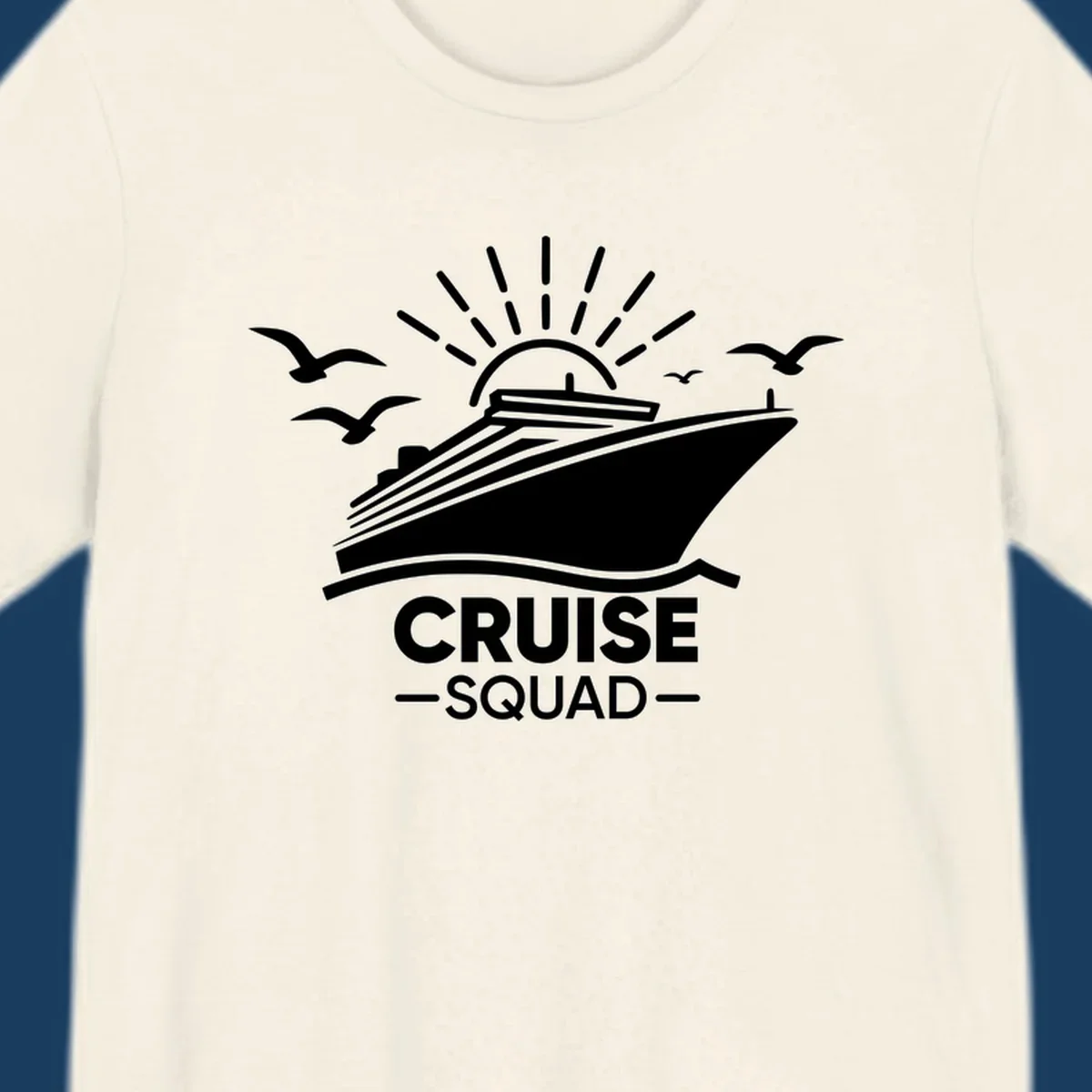 White silhouette of a cruise ship with sun rays and seagulls, text reads CRUISE SQUAD.