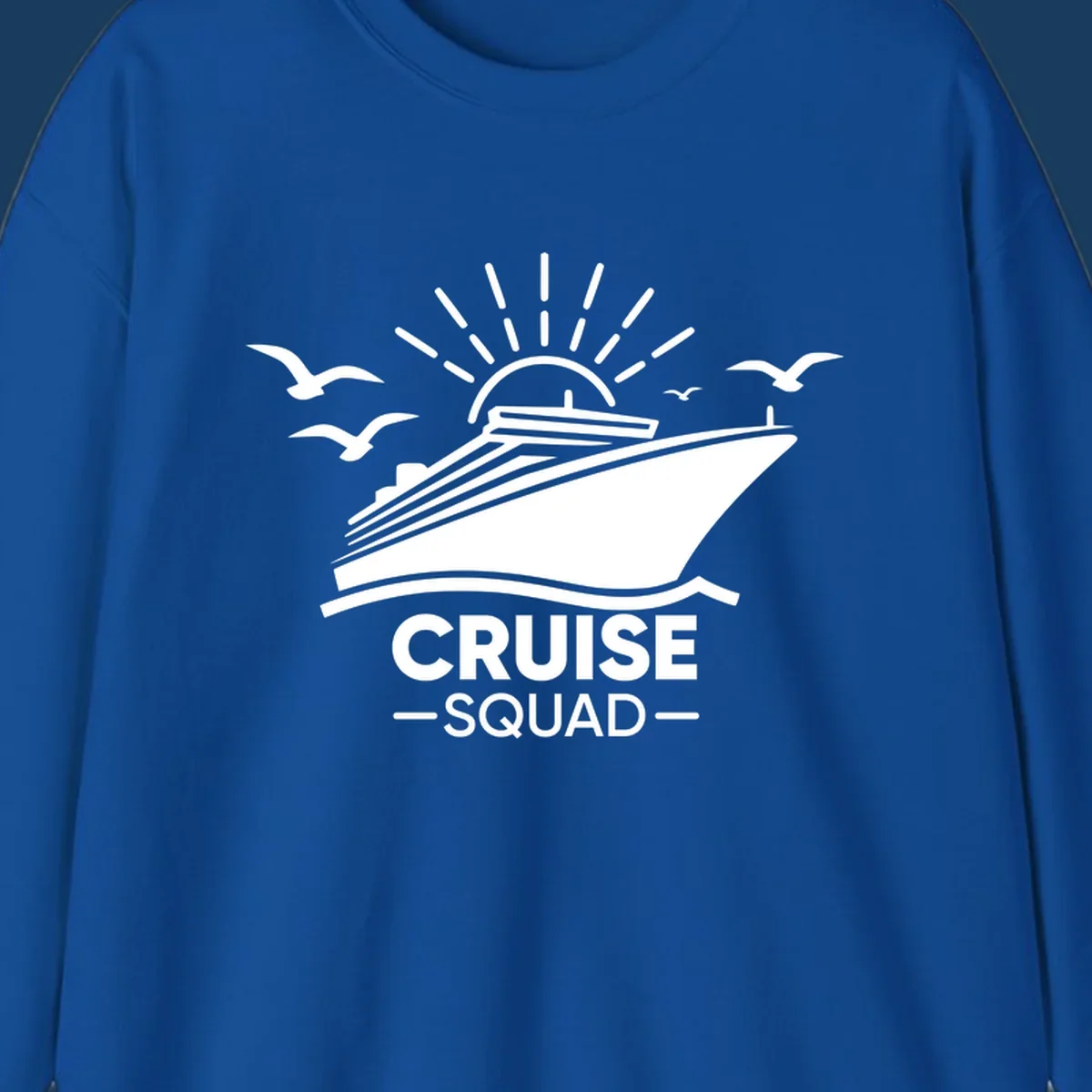 White silhouette of a cruise ship with sun rays and seagulls, text reads CRUISE SQUAD.
