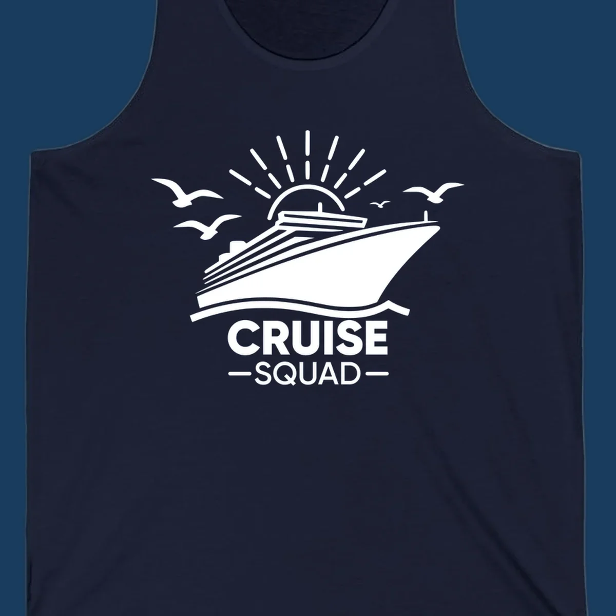 White silhouette of a cruise ship with sun rays and seagulls, text reads CRUISE SQUAD.
