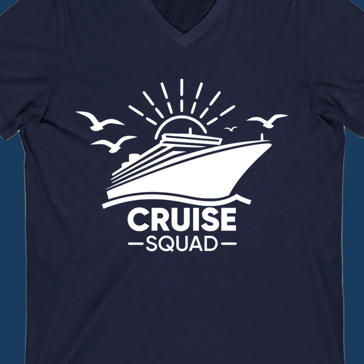 White silhouette of a cruise ship with sun rays and seagulls, text reads CRUISE SQUAD.